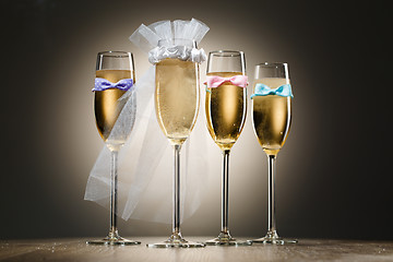 Image showing Four elegant stylish champagne glasses. Bachelorette party concept