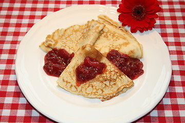 Image showing Pancakes with strawberry jam