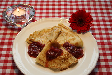 Image showing Pancakes with strawberry jam