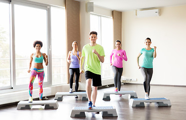 Image showing group of people exercising on steppers in gym