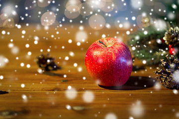Image showing close up of apple with fir decoration on wood