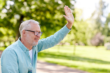 Image showing happy senior man waving hand at summer park