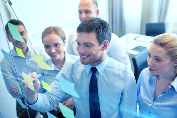 Image showing smiling business people with marker and stickers