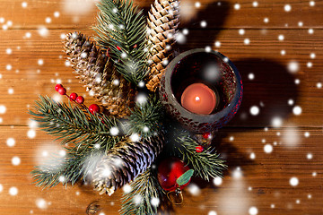 Image showing christmas fir branch decoration and candle lantern