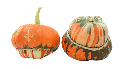 Image showing Two turban squash, one with stem, one showing striped gourd