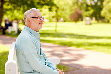 Image showing happy senior man in glasses sitting at summer park