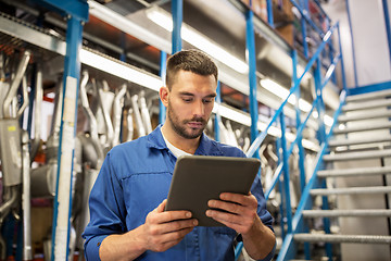 Image showing auto mechanic or smith with tablet pc at workshop