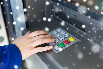Image showing close up of hand entering pin code at cash machine