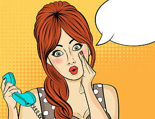 Image showing Surprised  pop art woman with retro phone, who tells her secrets