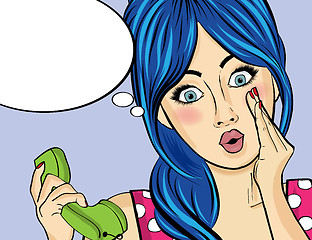 Image showing Surprised  pop art woman with retro phone, who tells her secrets