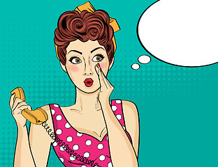 Image showing Surprised  pop art woman with retro phone, who tells her secrets