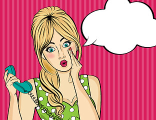 Image showing Surprised  pop art woman with retro phone, who tells her secrets