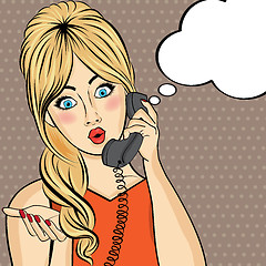 Image showing Pop art  woman chatting on retro phone . Comic woman with speech