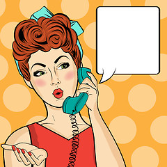 Image showing Pop art  woman chatting on retro phone . Comic woman with speech