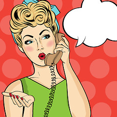 Image showing Pop art  woman chatting on retro phone . Comic woman with speech