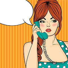 Image showing Pop art  woman chatting on retro phone . Comic woman with speech