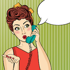 Image showing Pop art  woman chatting on retro phone . Comic woman with speech