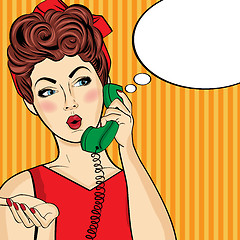 Image showing Pop art  woman chatting on retro phone . Comic woman with speech