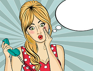 Image showing Surprised  pop art woman with retro phone, who tells her secrets