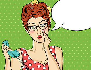 Image showing Surprised  pop art woman with retro phone, who tells her secrets