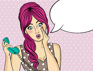 Image showing Surprised  pop art woman with retro phone, who tells her secrets