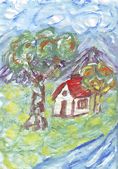 Image showing Small cottage near a river painting