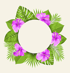 Image showing Retro Card with Purple Hibiscus Flowers and Green Tropical Leaves