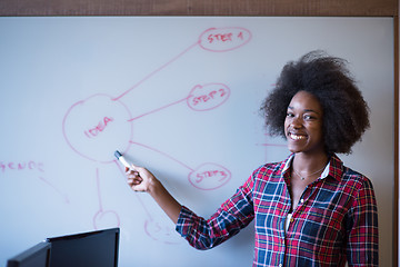 Image showing African American woman writing on a chalkboard in a modern offic