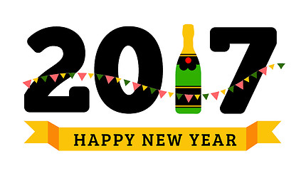 Image showing Congratulations to the happy new 2017 year with a bottle of cham