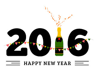 Image showing Congratulations to the happy new 2016 year with a bottle of champagne, flags