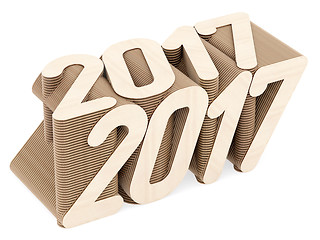 Image showing 2017 digits composed of intersected wood panels on white background