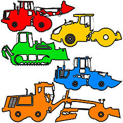 Image showing Set  color silhouettes  road construction equipment. illustration.