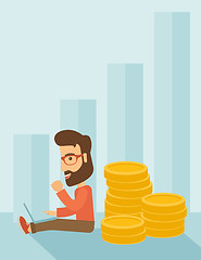 Image showing Businessman is sitting with pile of gold coins on his back.