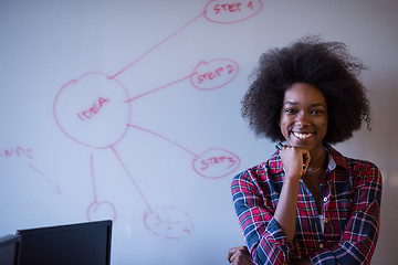 Image showing African American woman writing on a chalkboard in a modern offic