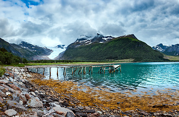 Image showing Glacier on the viewing platform. Svartisen Glacier in Norway.