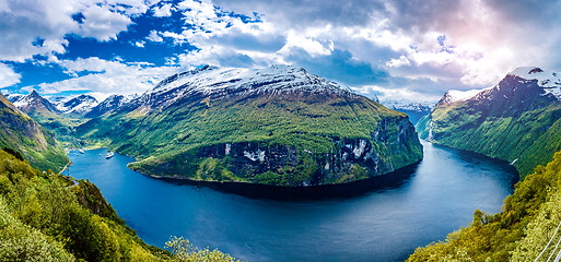 Image showing Panorama Geiranger fjord, Norway.
