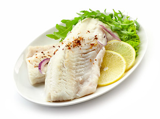 Image showing roasted perch fish fillets on white plate