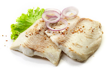 Image showing roasted bream fish fillets on white background