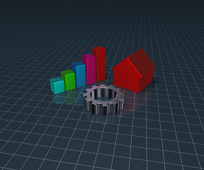 Image showing house model, business graph and gear wheel - 3d rendering