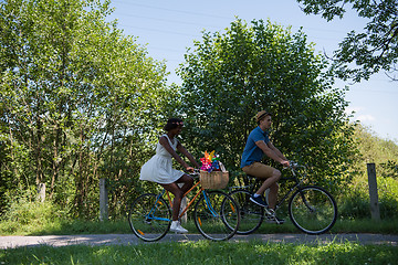 Image showing Young multiethnic couple having a bike ride in nature