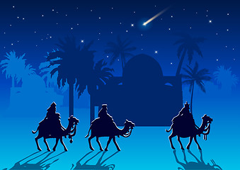 Image showing Biblical Christmas illustration: three Wise Men are visiting the new King of Jerusalem