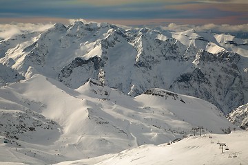 Image showing Skiing slopes, majestic Alpine landscape