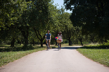 Image showing Young multiethnic couple having a bike ride in nature