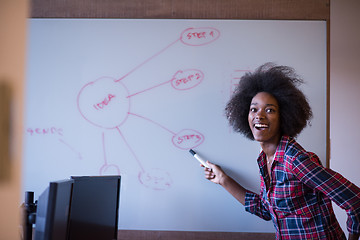 Image showing African American woman writing on a chalkboard in a modern offic