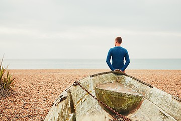 Image showing Alone and pensive man on the beach