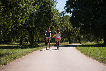 Image showing Young multiethnic couple having a bike ride in nature