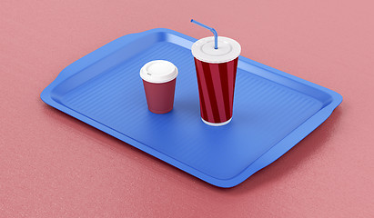 Image showing Plastic tray with coffee and soft drink