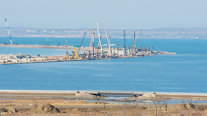 Image showing Taman, Russia - November 5, 2016: Construction of a bridge across the Kerch Strait, the views of the Tuzla Spit from the Taman Peninsula, as of November 2016