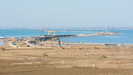 Image showing Taman, Russia - November 5, 2016: Construction of a bridge across the Kerch Strait, the overall building plan from the Taman Peninsula, as of November 2016