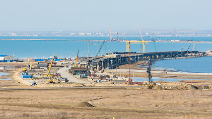 Image showing Taman, Russia - November 5, 2016: Construction of a bridge across the Kerch Strait, the views of the coastline from the Taman Peninsula, as of November 2016